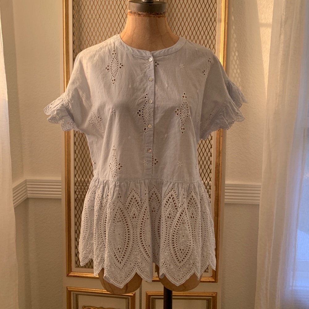 Joie Eyelet Peplum Blouse Sky Blue Med